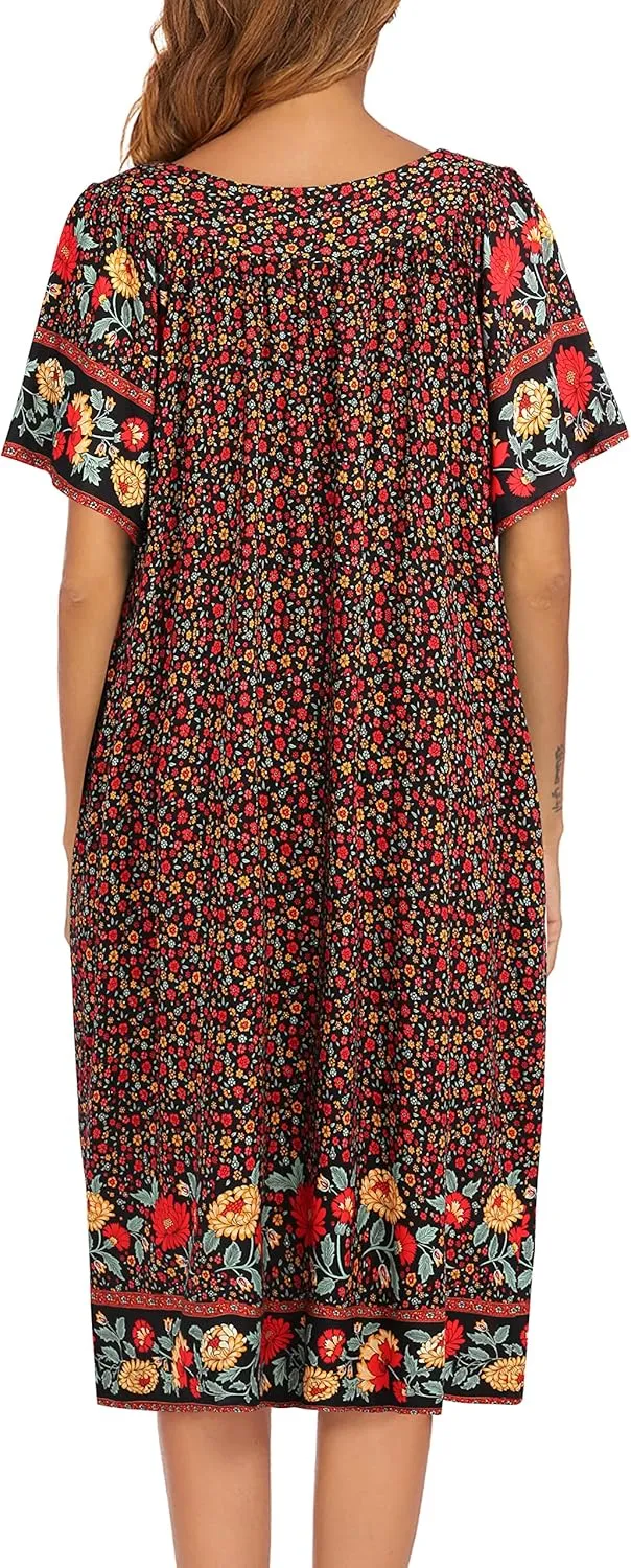Ekouaer Womens Nightgown Short Sleeve House Dress with Pockets-Floral Print Mumu Dress