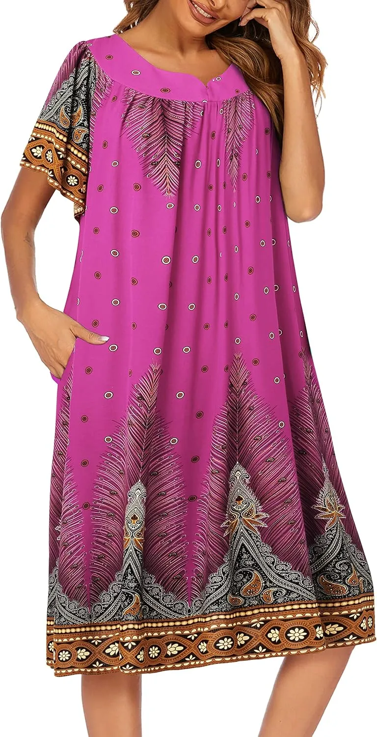 Ekouaer Womens Nightgown Short Sleeve House Dress with Pockets-Floral Print Mumu Dress