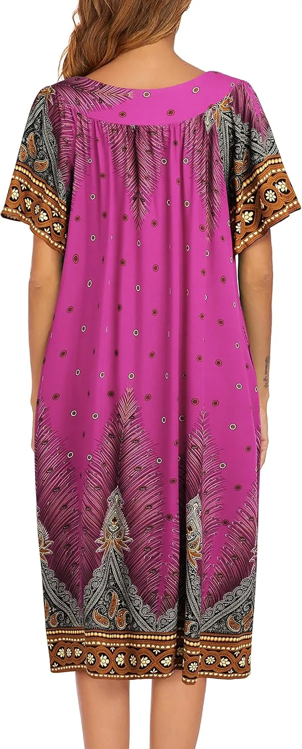 Ekouaer Womens Nightgown Short Sleeve House Dress with Pockets-Floral Print Mumu Dress