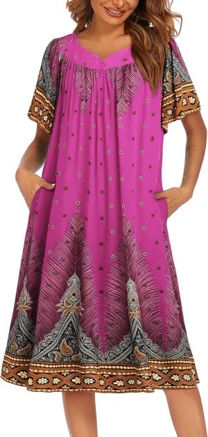 Ekouaer Womens Nightgown Short Sleeve House Dress with Pockets-Floral Print Mumu Dress