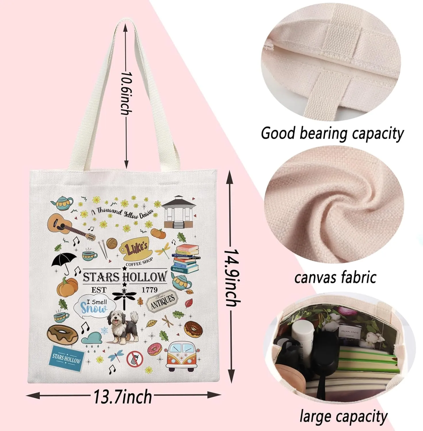 ENSIANTH Stars Hollow Inspired Tote Bag TV Show Merch Dragonfly Inn Shopping Bag Lorelei Rory Fans Gift Lukes Diner Gift