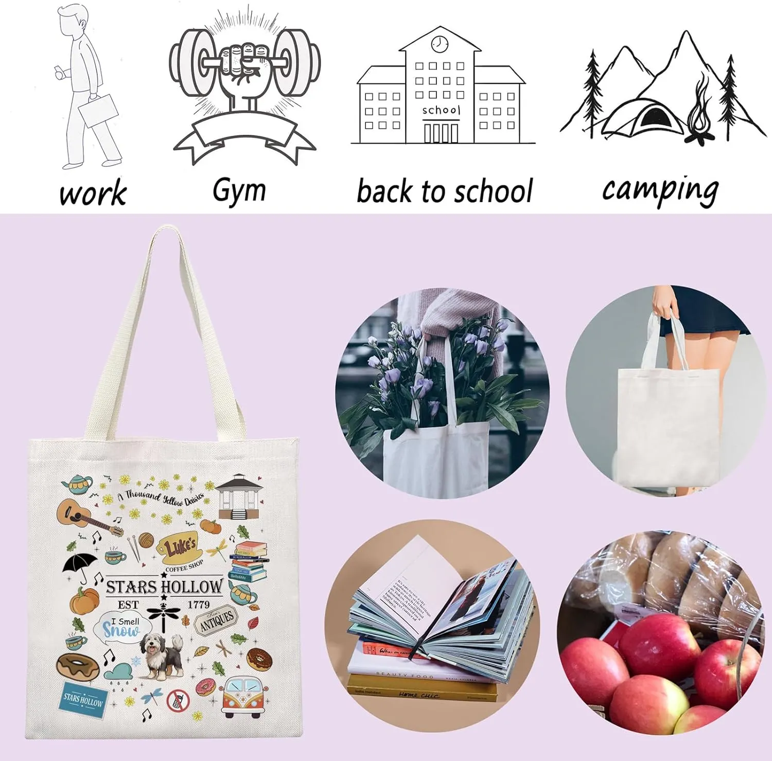 ENSIANTH Stars Hollow Inspired Tote Bag TV Show Merch Dragonfly Inn Shopping Bag Lorelei Rory Fans Gift Lukes Diner Gift