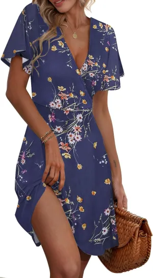 ETCYY NEW Womens Summer Dresses Slant Open V Neck Floral Printed Sundresses Flowy Dress Short Sleeve