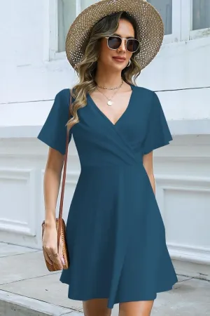 ETCYY NEW Womens Summer Dresses Slant Open V Neck Floral Printed Sundresses Flowy Dress Short Sleeve