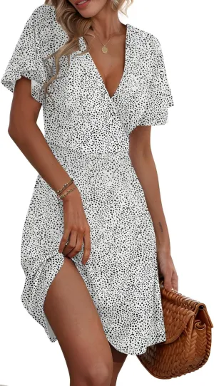 ETCYY NEW Womens Summer Dresses Slant Open V Neck Floral Printed Sundresses Flowy Dress Short Sleeve