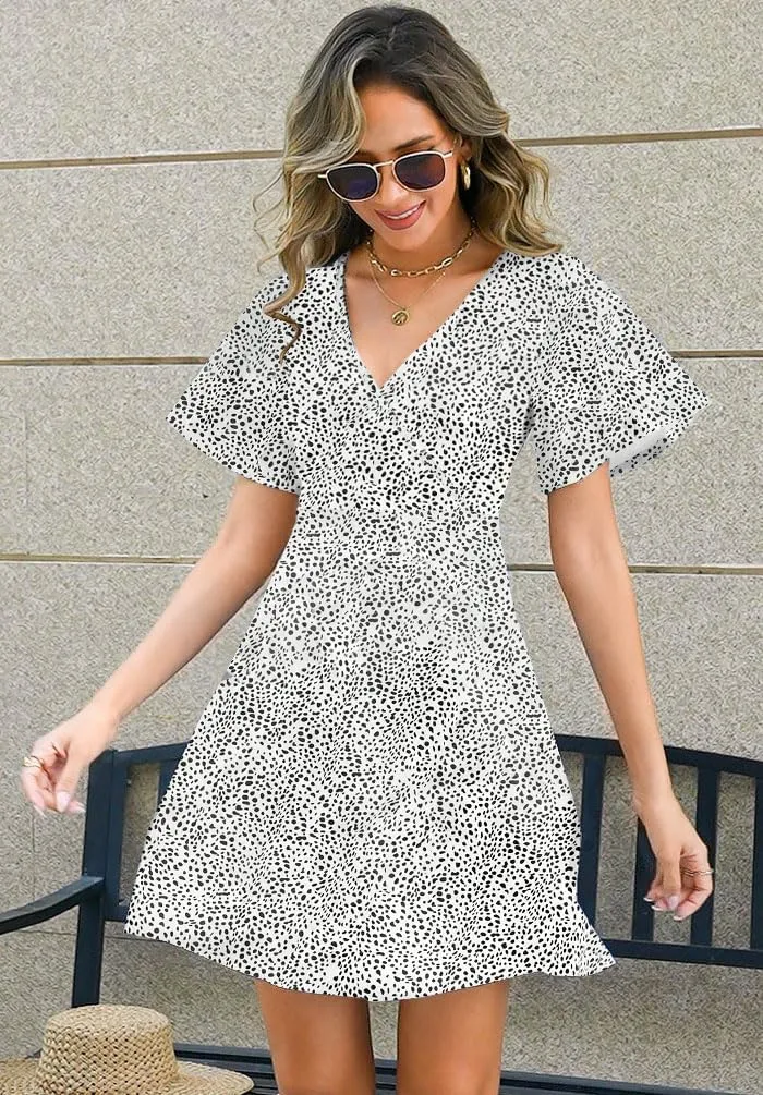 ETCYY NEW Womens Summer Dresses Slant Open V Neck Floral Printed Sundresses Flowy Dress Short Sleeve