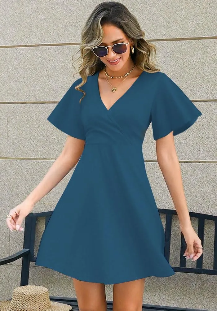 ETCYY NEW Womens Summer Dresses Slant Open V Neck Floral Printed Sundresses Flowy Dress Short Sleeve