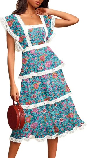 ETCYY Women's Summer Ruffle Dress Tiered Layed Chiffon Lace Short Sleeve Boho Floral Print Party Wedding Guest Maxi Dresses
