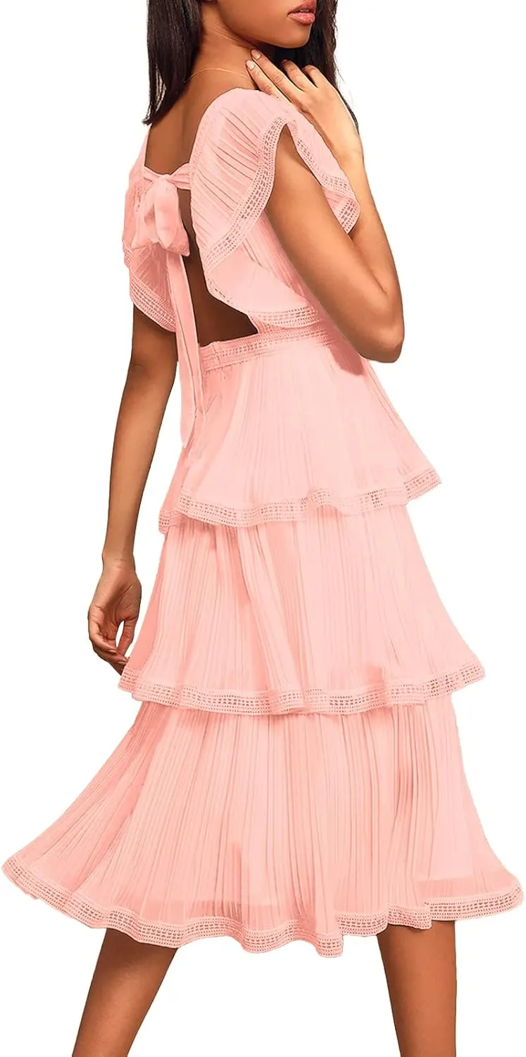 ETCYY Women's Summer Ruffle Dress Tiered Layed Chiffon Lace Short Sleeve Boho Floral Print Party Wedding Guest Maxi Dresses