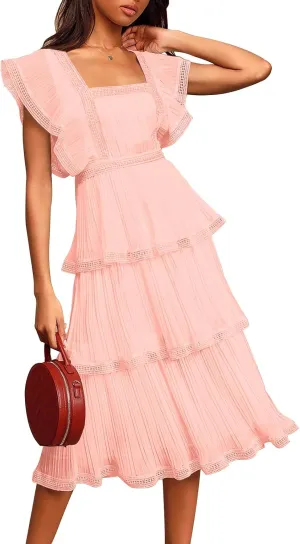 ETCYY Women's Summer Ruffle Dress Tiered Layed Chiffon Lace Short Sleeve Boho Floral Print Party Wedding Guest Maxi Dresses