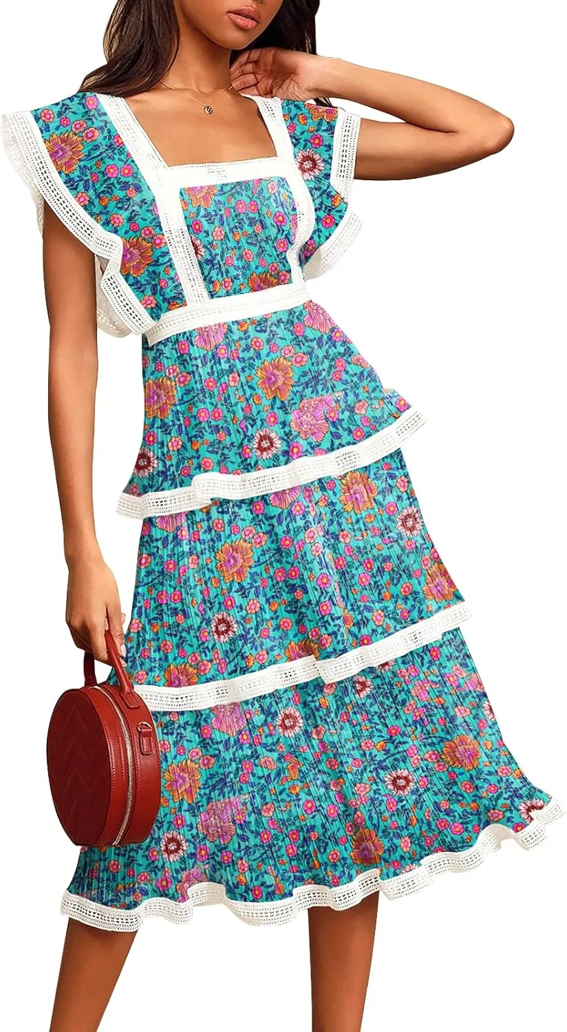 ETCYY Women's Summer Ruffle Dress Tiered Layed Chiffon Lace Short Sleeve Boho Floral Print Party Wedding Guest Maxi Dresses