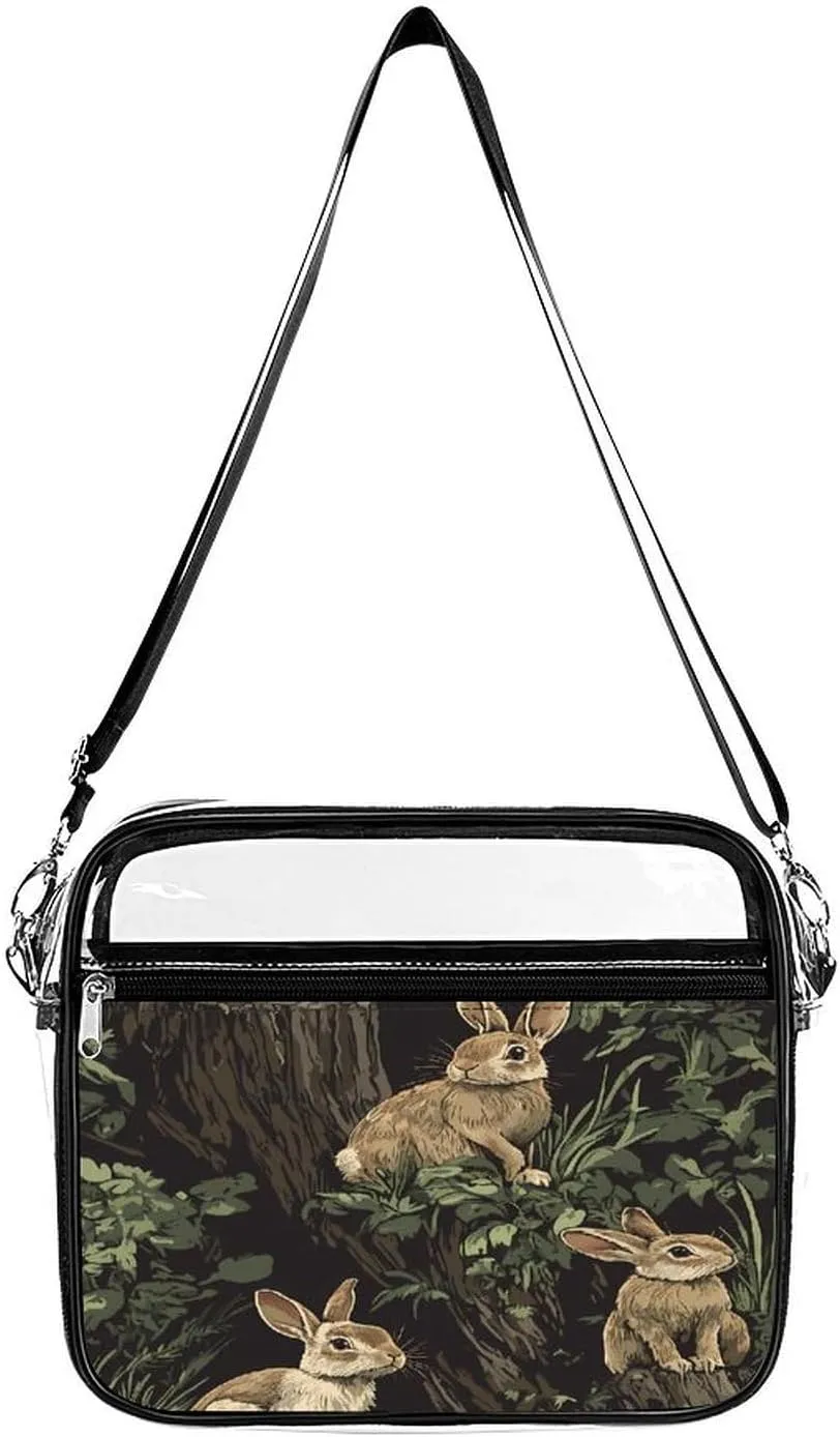 Fall Hunt Rabbits on Tree Stumps Clear Crossbody Bags Shoulder Bag Messenger Purse for Stadium Concerts Sports Events