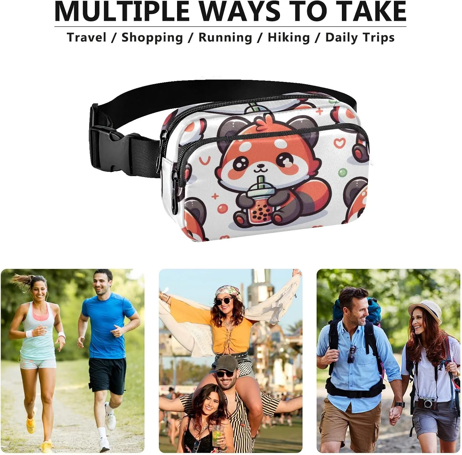 Fanny Pack for Women Men, Cute Red Panda with Bubble Tea Cartoon Belt Bag Waist Pack Crossbody Bag Bum Bag with Adjustable Strap