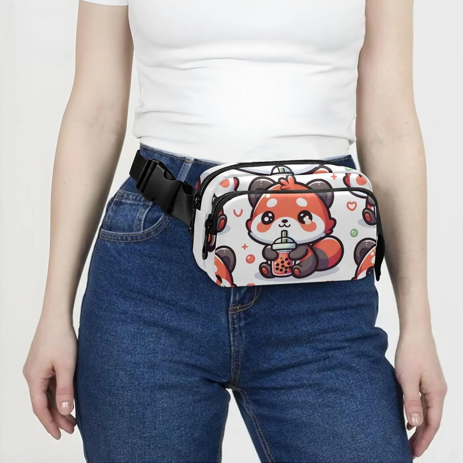 Fanny Pack for Women Men, Cute Red Panda with Bubble Tea Cartoon Belt Bag Waist Pack Crossbody Bag Bum Bag with Adjustable Strap