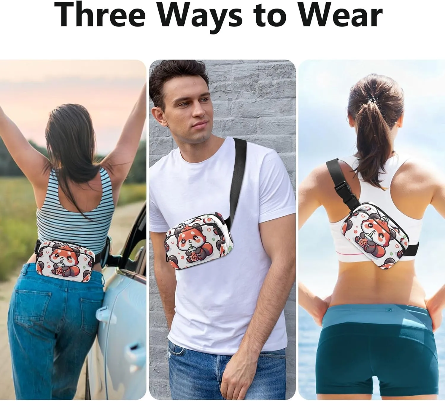 Fanny Pack for Women Men, Cute Red Panda with Bubble Tea Cartoon Belt Bag Waist Pack Crossbody Bag Bum Bag with Adjustable Strap