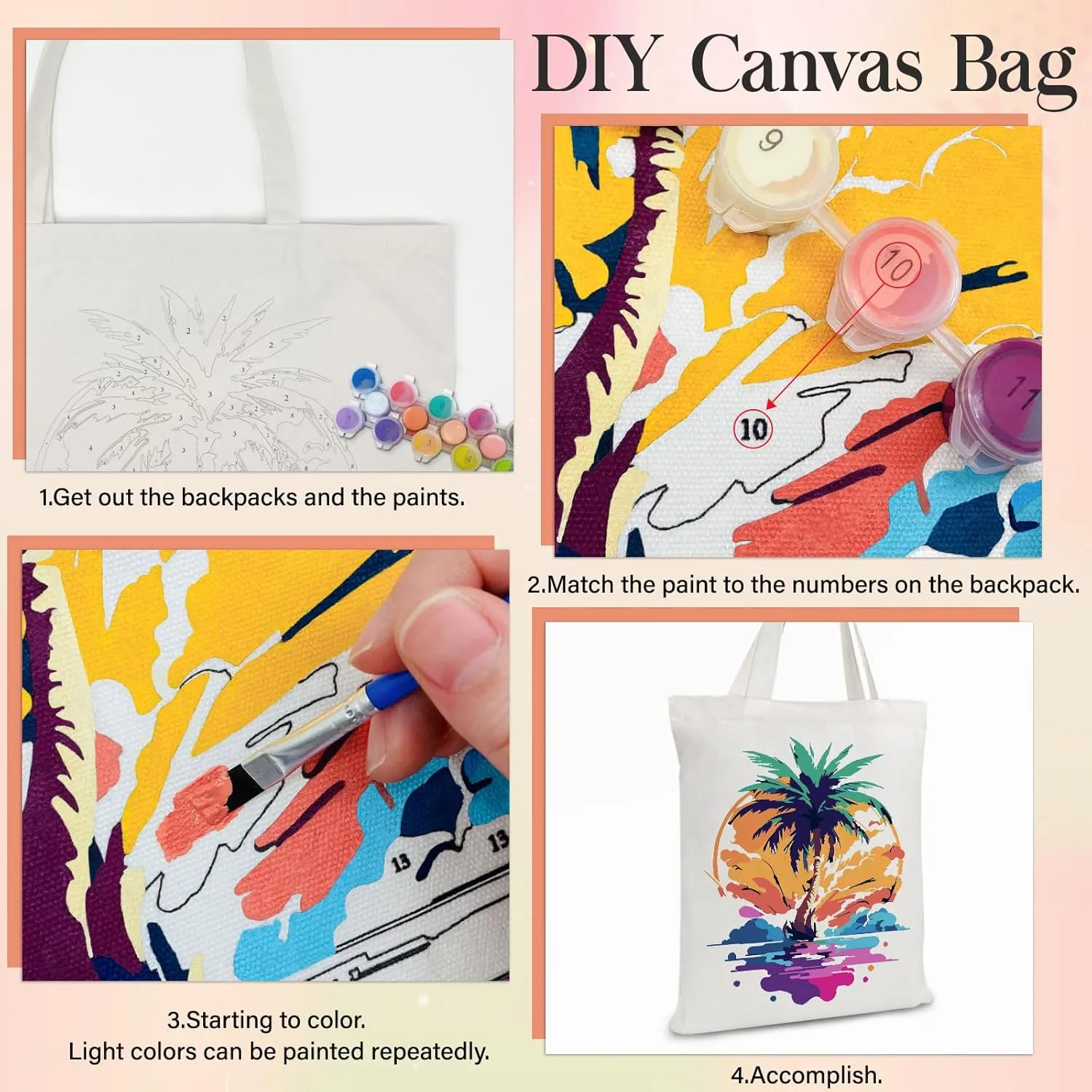 FILASLFT Beach Paint by Numbers Tote Bag, Landscape Paint by Numbers Canvas Tote Bag for Women Girl School Student Gift Shopping14.96x13.38 Inch