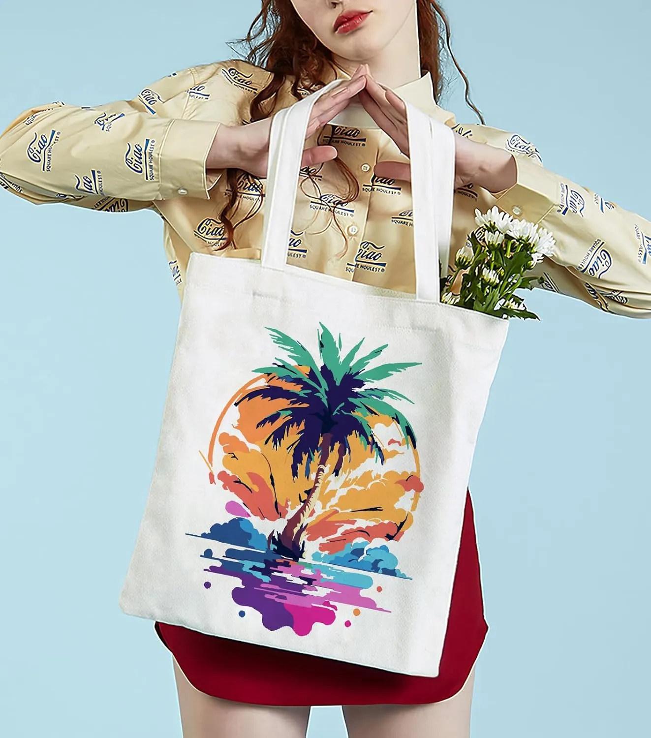 FILASLFT Beach Paint by Numbers Tote Bag, Landscape Paint by Numbers Canvas Tote Bag for Women Girl School Student Gift Shopping14.96x13.38 Inch