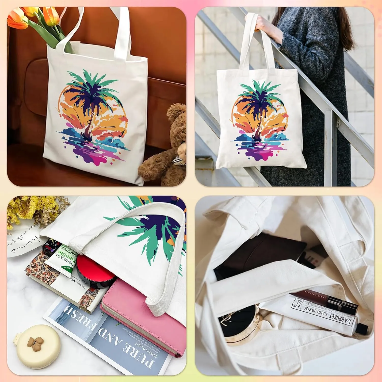 FILASLFT Beach Paint by Numbers Tote Bag, Landscape Paint by Numbers Canvas Tote Bag for Women Girl School Student Gift Shopping14.96x13.38 Inch