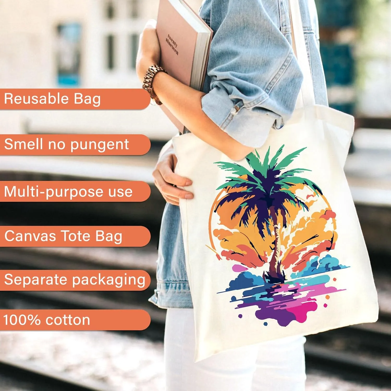 FILASLFT Beach Paint by Numbers Tote Bag, Landscape Paint by Numbers Canvas Tote Bag for Women Girl School Student Gift Shopping14.96x13.38 Inch