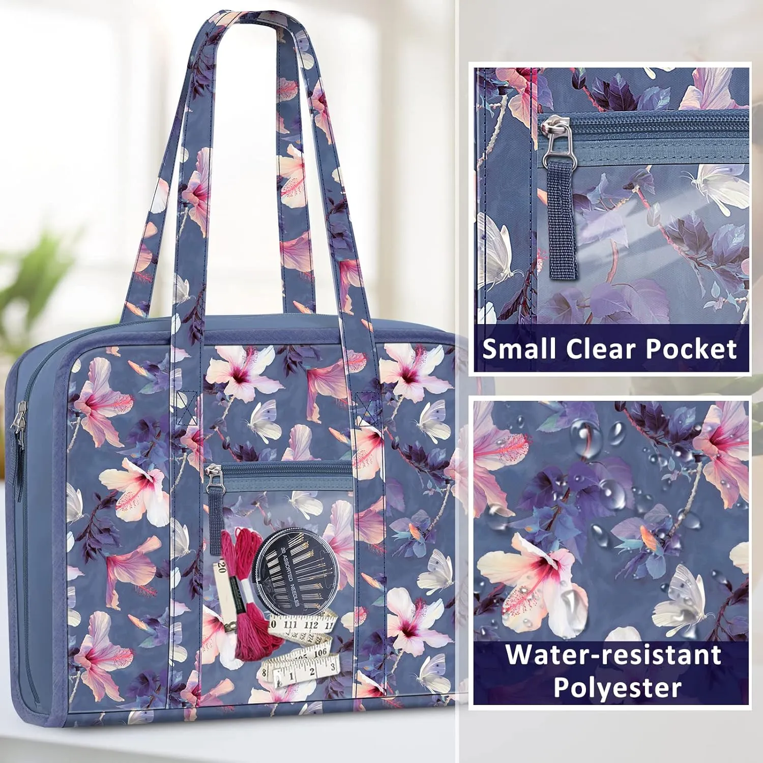 FINPAC Sewing and Craft Supplies Storage Tote, Large Capacity Travel Packing Organizer Bag with Clear Pockets and Handle for Knitting, Crochet, Art, Sewing Accessories