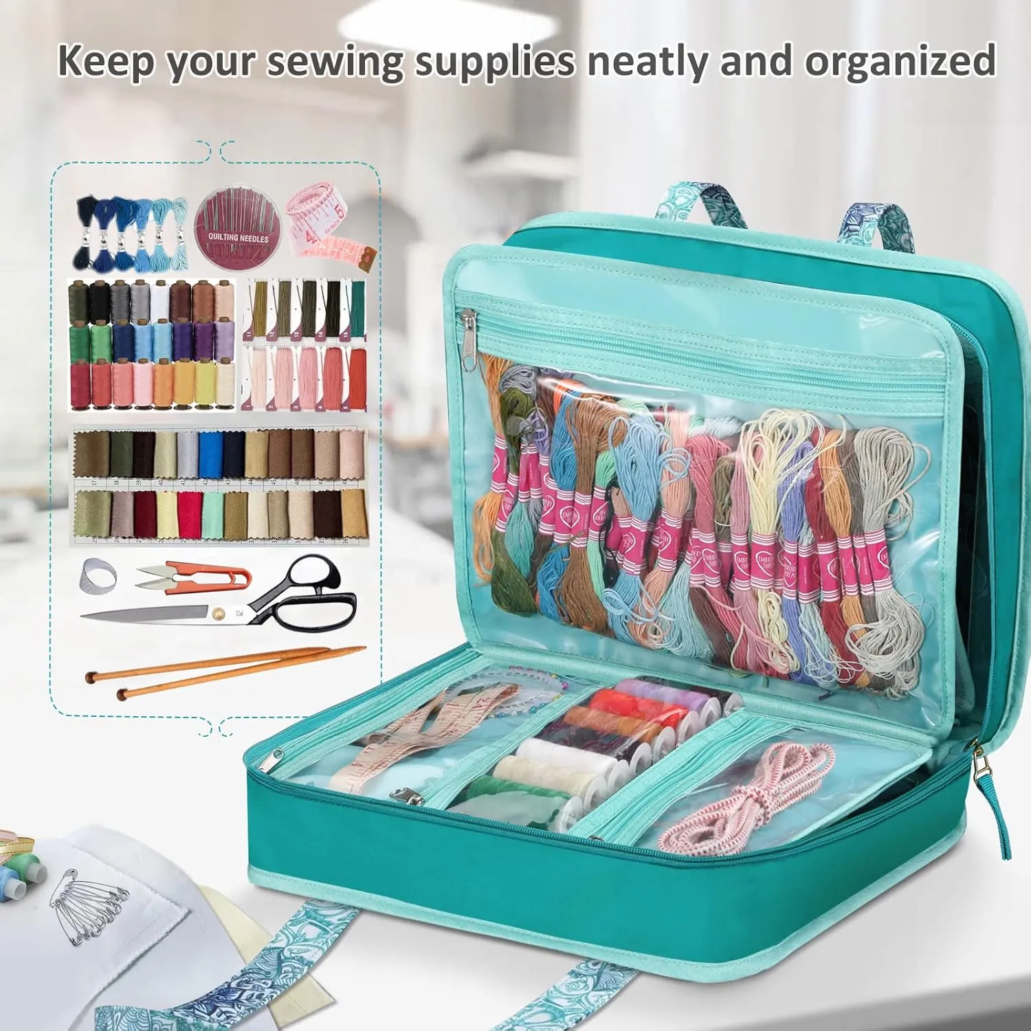 FINPAC Sewing and Craft Supplies Storage Tote, Large Capacity Travel Packing Organizer Bag with Clear Pockets and Handle for Knitting, Crochet, Art, Sewing Accessories