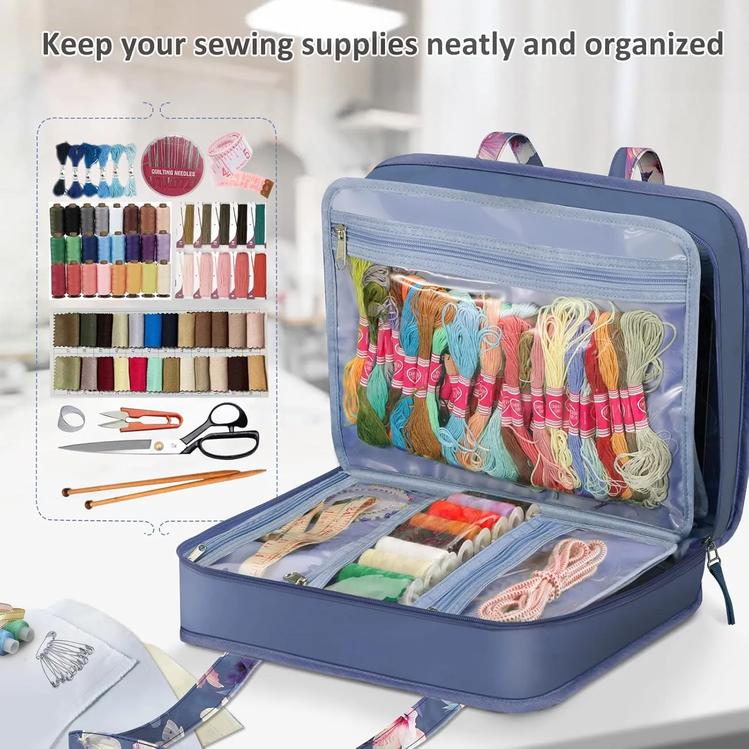 FINPAC Sewing and Craft Supplies Storage Tote, Large Capacity Travel Packing Organizer Bag with Clear Pockets and Handle for Knitting, Crochet, Art, Sewing Accessories
