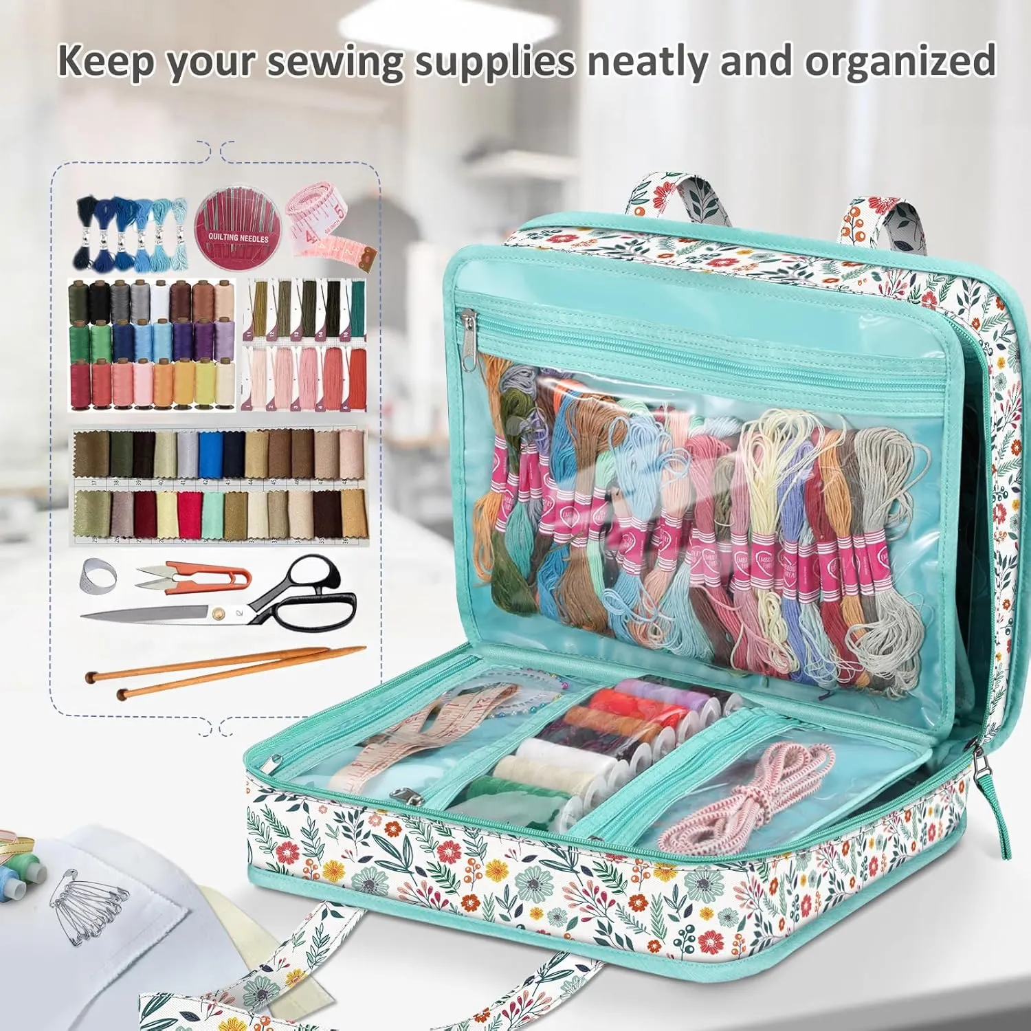 FINPAC Sewing and Craft Supplies Storage Tote, Large Capacity Travel Packing Organizer Bag with Clear Pockets and Handle for Knitting, Crochet, Art, Sewing Accessories