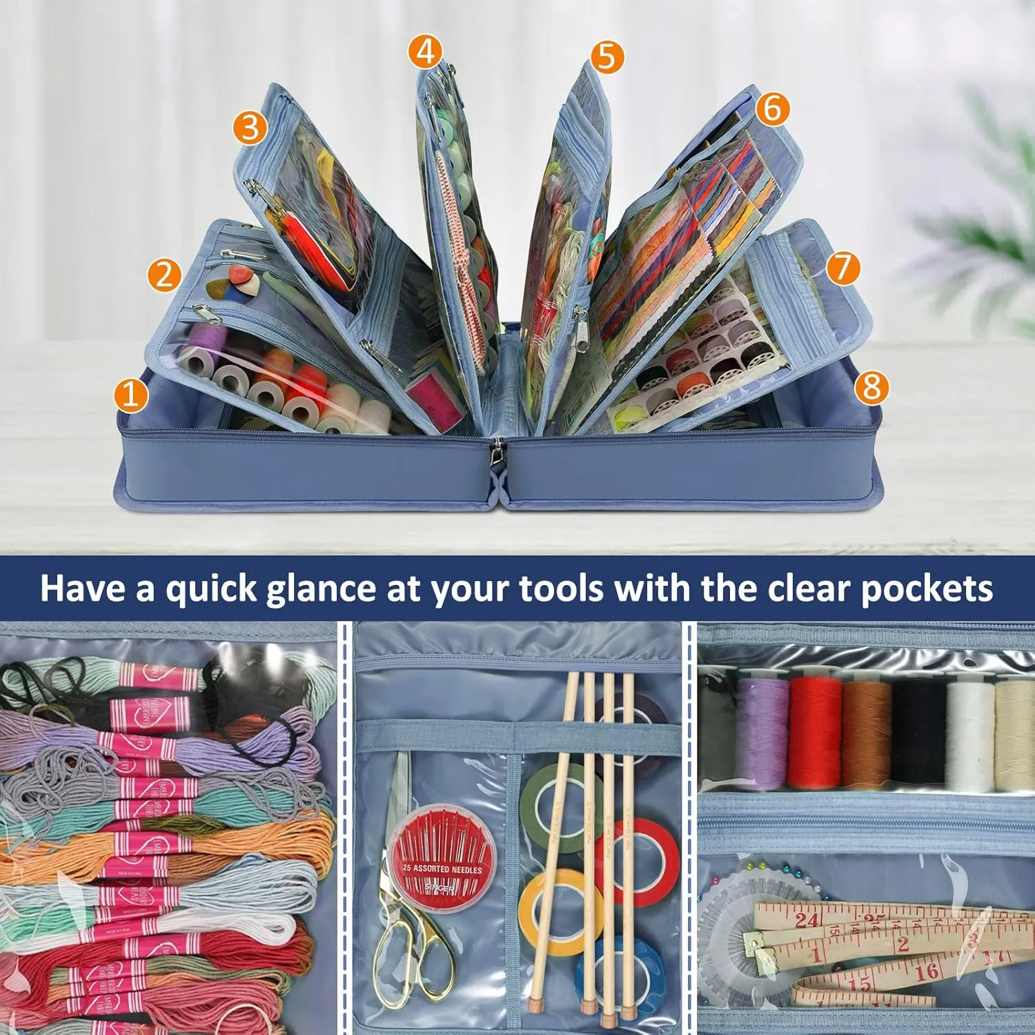 FINPAC Sewing and Craft Supplies Storage Tote, Large Capacity Travel Packing Organizer Bag with Clear Pockets and Handle for Knitting, Crochet, Art, Sewing Accessories