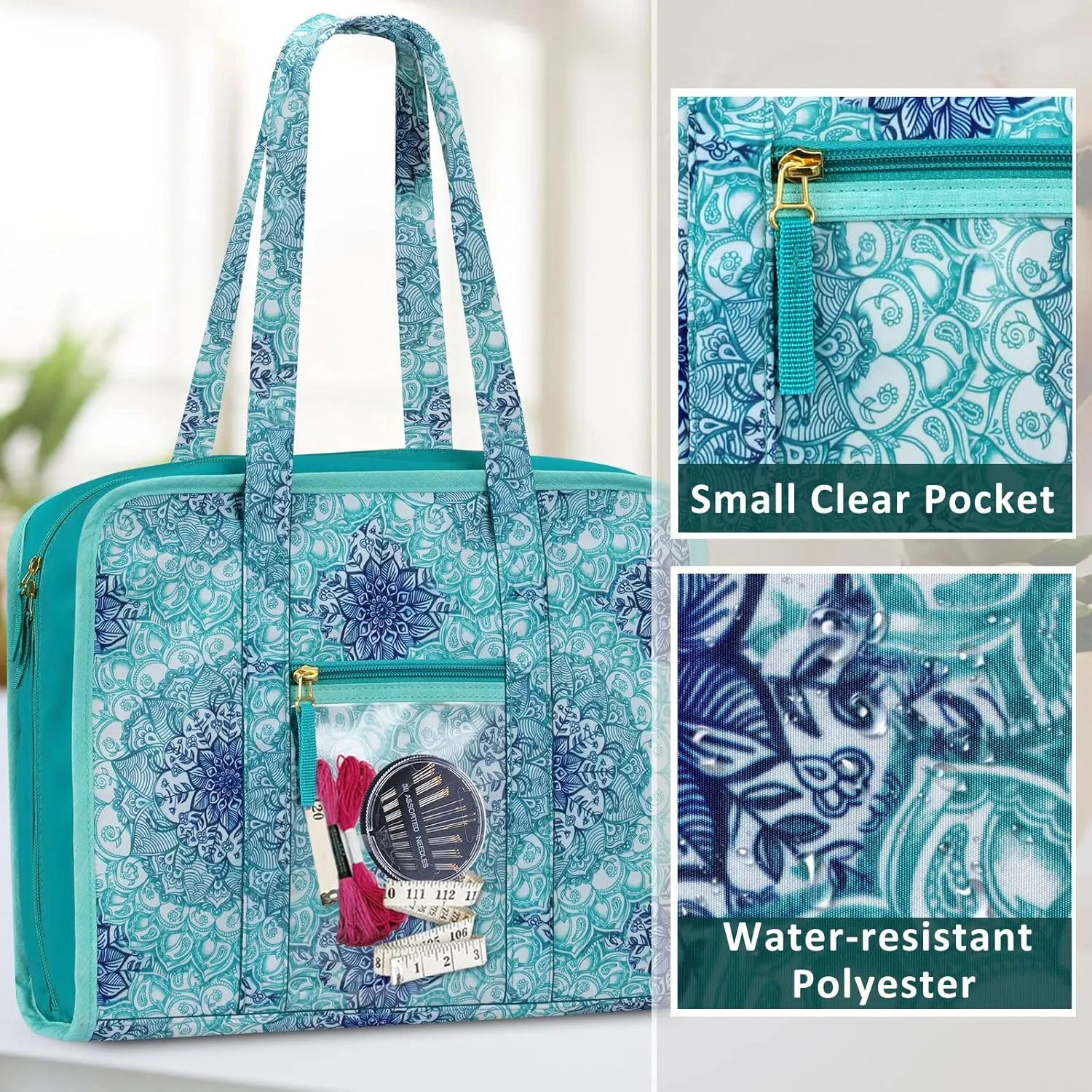 FINPAC Sewing and Craft Supplies Storage Tote, Large Capacity Travel Packing Organizer Bag with Clear Pockets and Handle for Knitting, Crochet, Art, Sewing Accessories