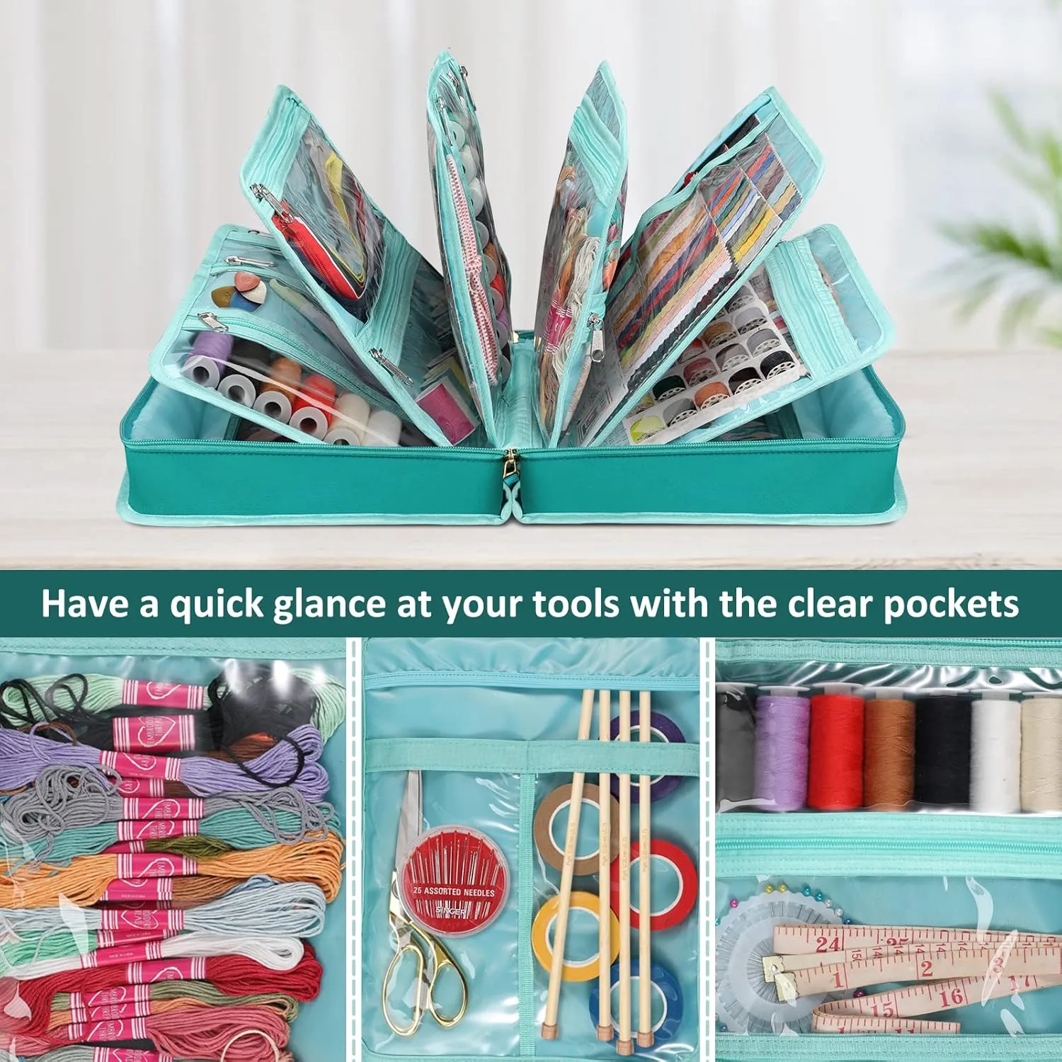 FINPAC Sewing and Craft Supplies Storage Tote, Large Capacity Travel Packing Organizer Bag with Clear Pockets and Handle for Knitting, Crochet, Art, Sewing Accessories