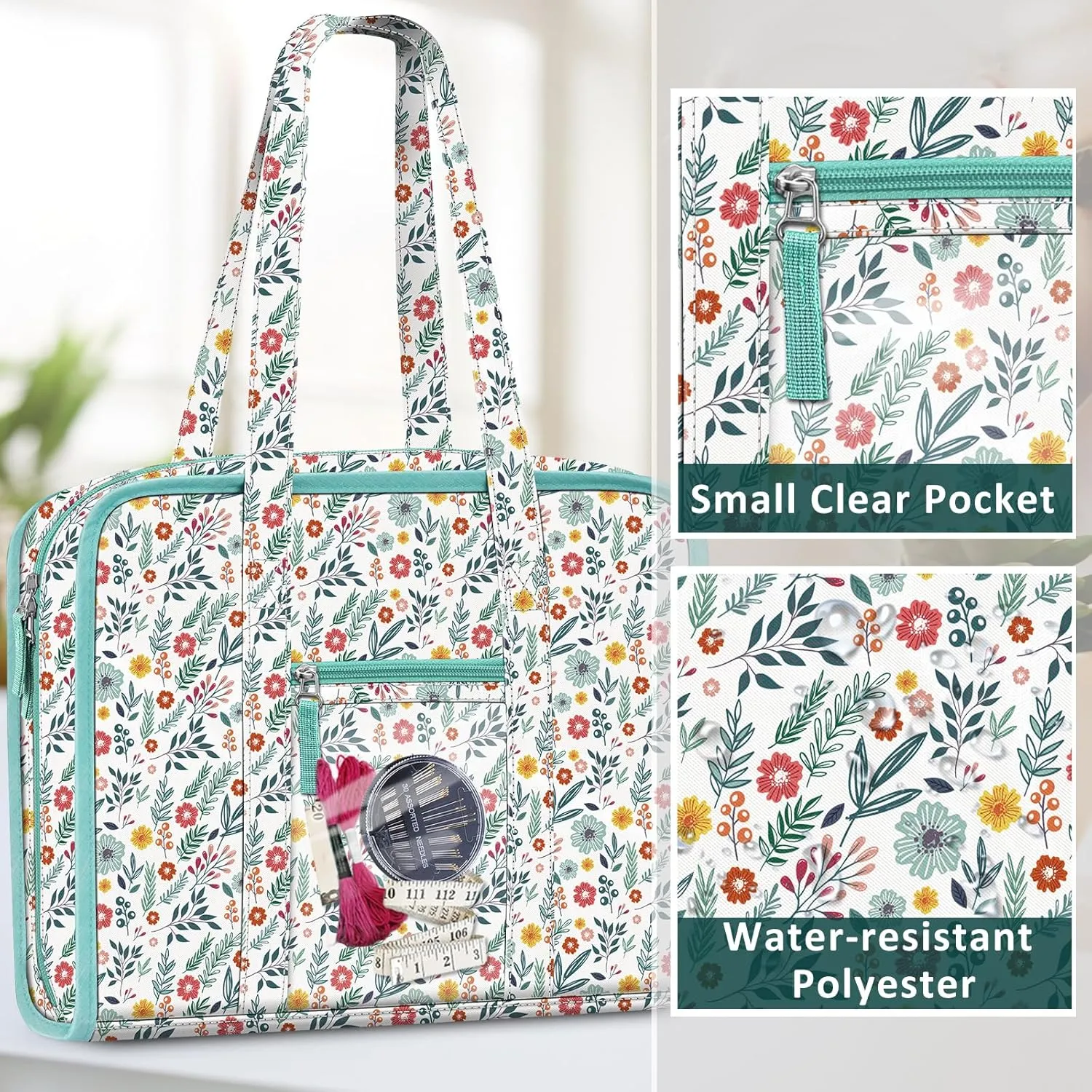 FINPAC Sewing and Craft Supplies Storage Tote, Large Capacity Travel Packing Organizer Bag with Clear Pockets and Handle for Knitting, Crochet, Art, Sewing Accessories