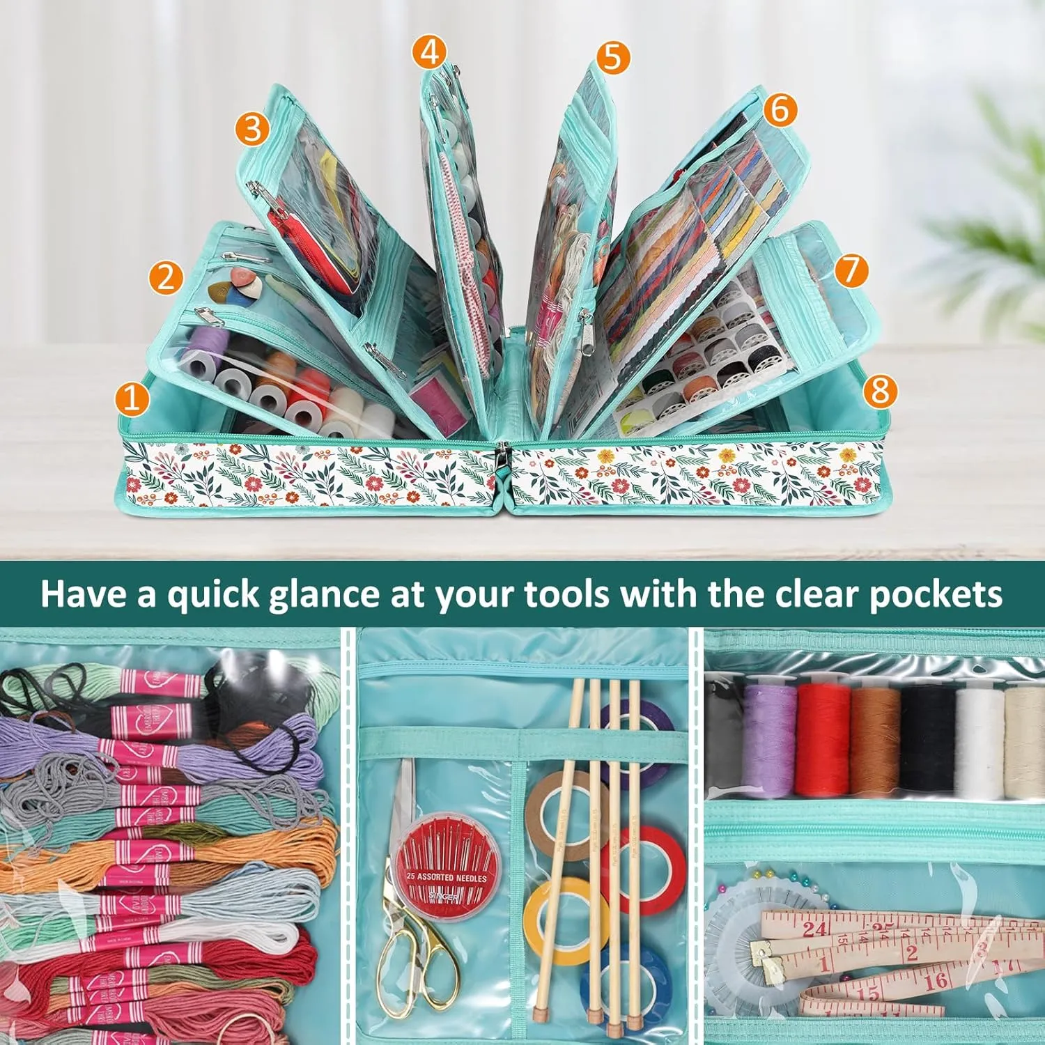 FINPAC Sewing and Craft Supplies Storage Tote, Large Capacity Travel Packing Organizer Bag with Clear Pockets and Handle for Knitting, Crochet, Art, Sewing Accessories