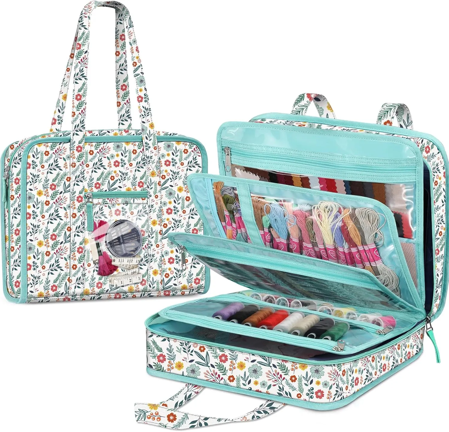 FINPAC Sewing and Craft Supplies Storage Tote, Large Capacity Travel Packing Organizer Bag with Clear Pockets and Handle for Knitting, Crochet, Art, Sewing Accessories