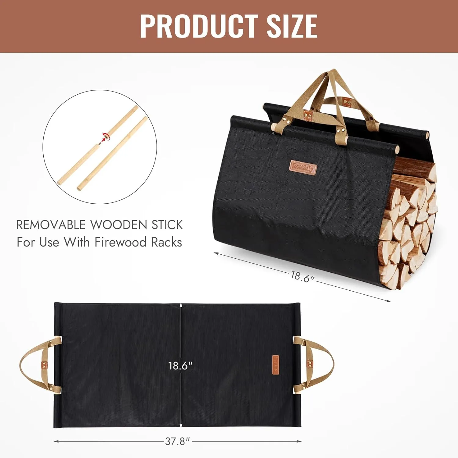 Firewood Carrier with Handles - Log Carrier Tote Bag 38x19in, Water Resistant Wood Carrying Bag, Wood Stove Accessories, Black
