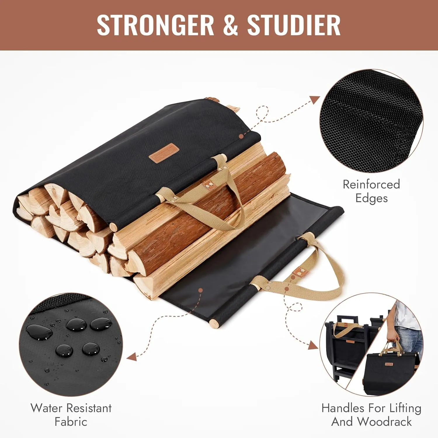 Firewood Carrier with Handles - Log Carrier Tote Bag 38x19in, Water Resistant Wood Carrying Bag, Wood Stove Accessories, Black