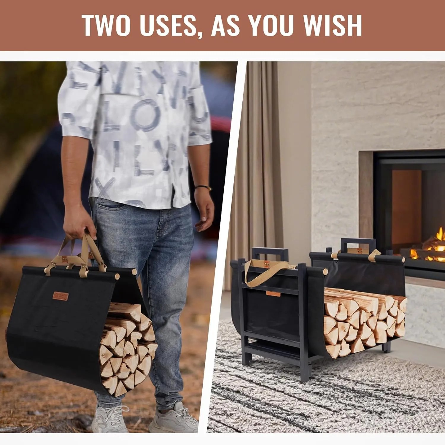 Firewood Carrier with Handles - Log Carrier Tote Bag 38x19in, Water Resistant Wood Carrying Bag, Wood Stove Accessories, Black
