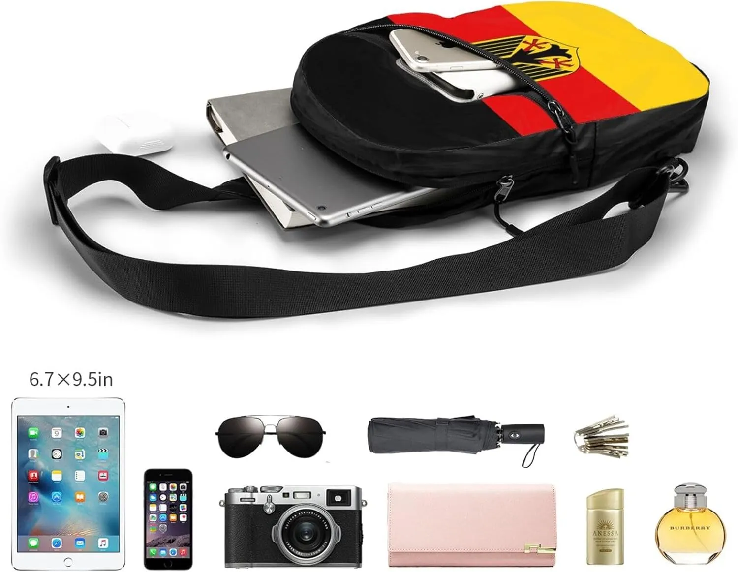 Flag German Coat of Arms Packable Crossbody Bag Portable Sling Bags Foldable Travel Daypack Reusable Sports Shoulder Backpack Diagonally Chest Bag for Workout