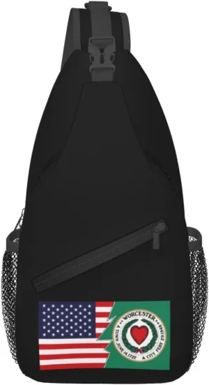 Flag Of Worcester, Massachusetts And America Crossbody Bags For Women Men Chest Backpack Gym Shoulder Bag Travel Outdoor Sports Casual Crossbody Bags