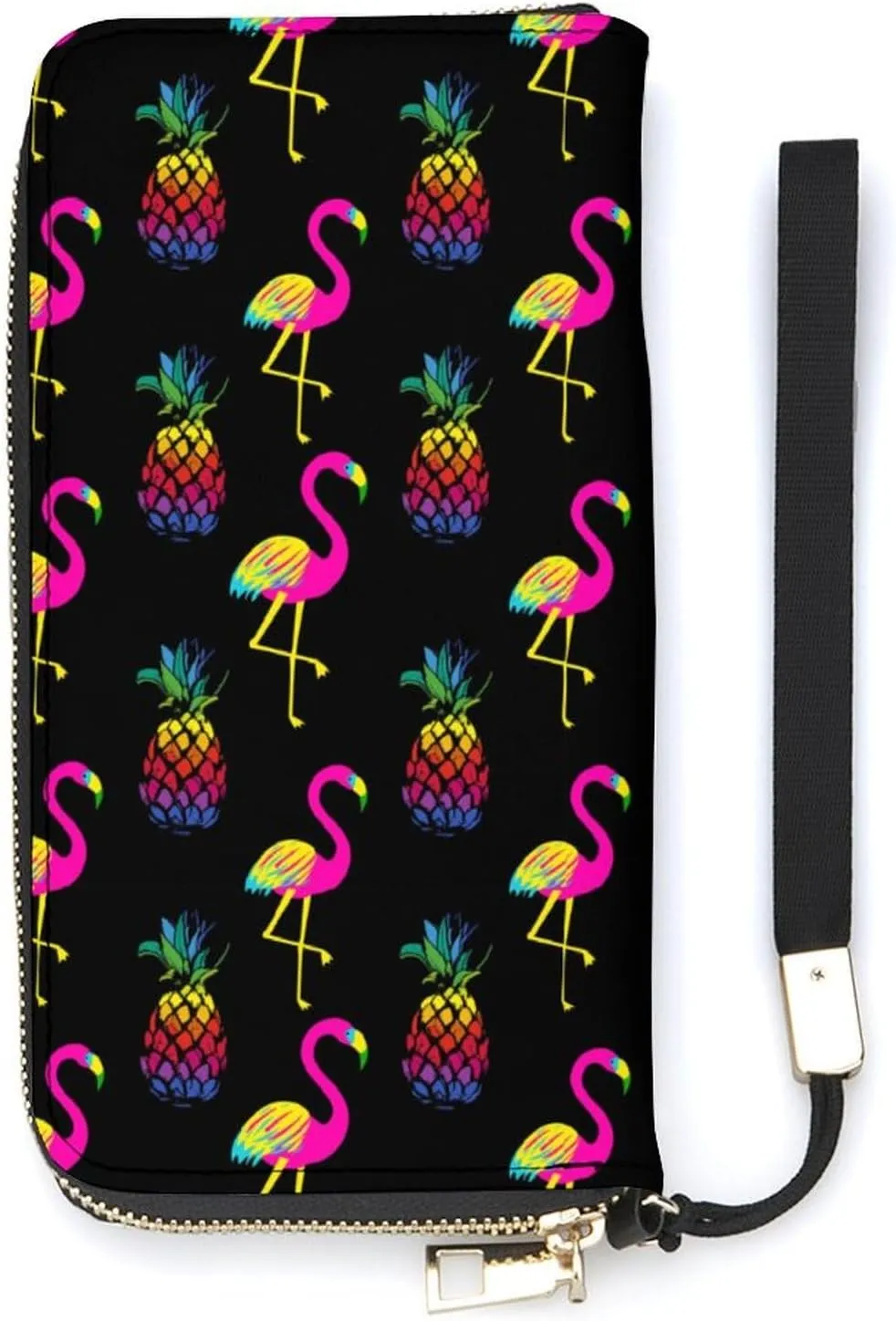 Flamingo And Pineapples Women's Leather Long Large Capacity Wallet Clutch Wallet with Hand Strap