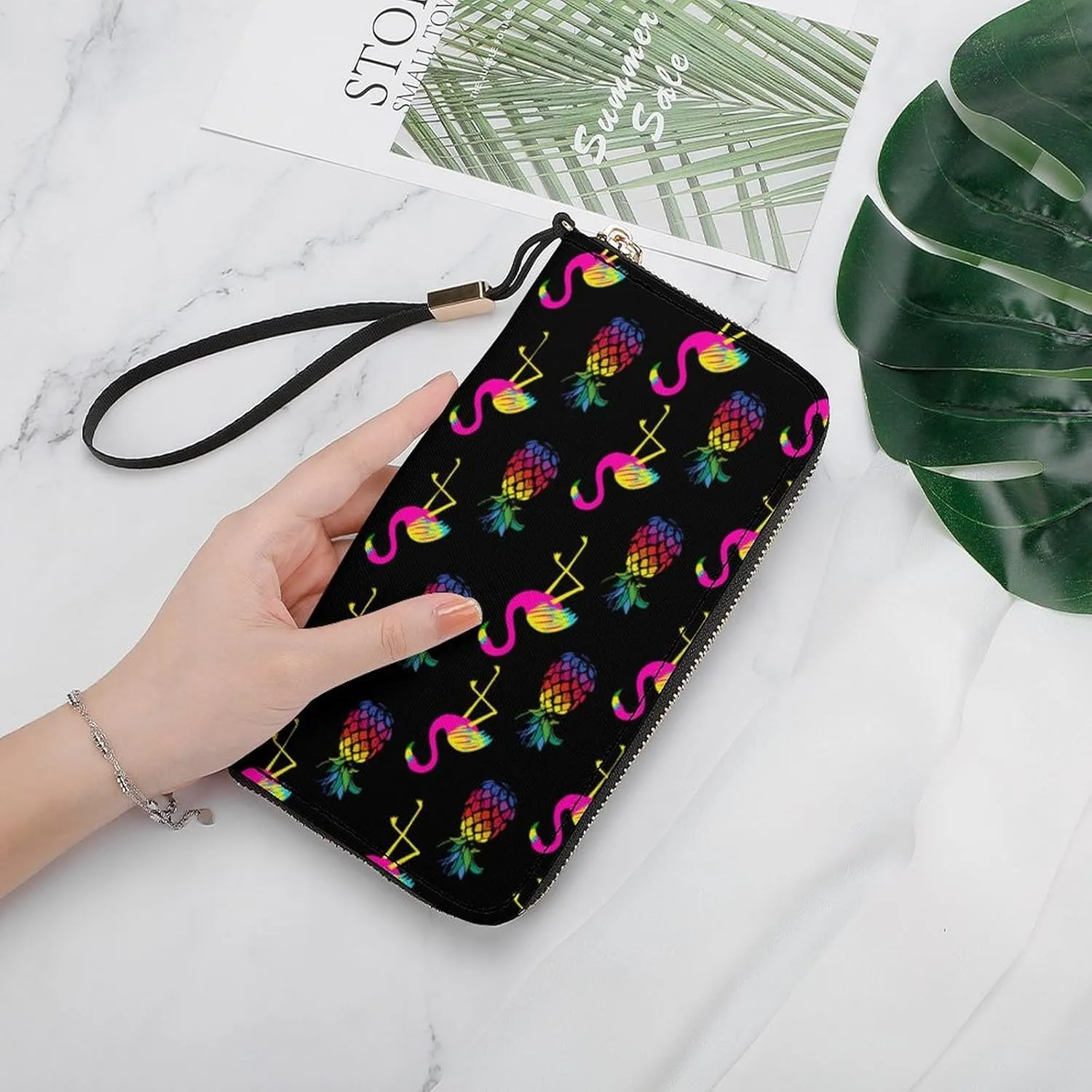 Flamingo And Pineapples Women's Leather Long Large Capacity Wallet Clutch Wallet with Hand Strap