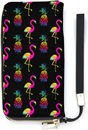 Flamingo And Pineapples Women's Leather Long Large Capacity Wallet Clutch Wallet with Hand Strap