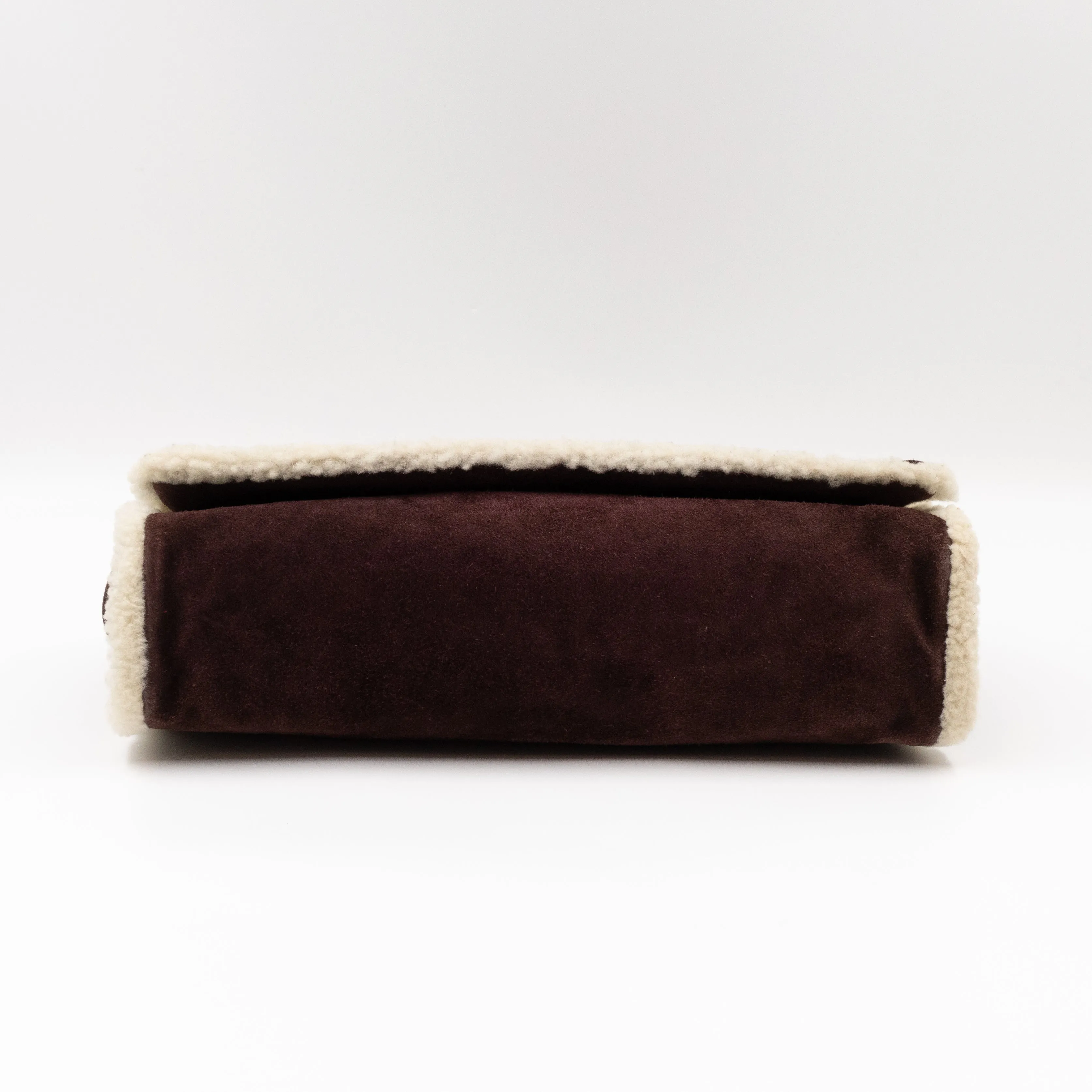 Flap Shoulder Bag Brown Suede White Shearling Gold