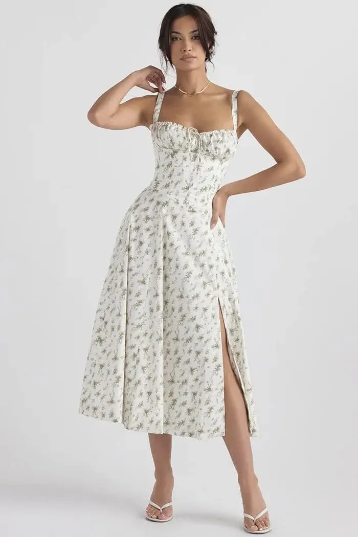 Floral Bustier Midriff Waist Shaper Dress, Print Bustier Sundress Sundresses for Women Slit Long Printed Dress