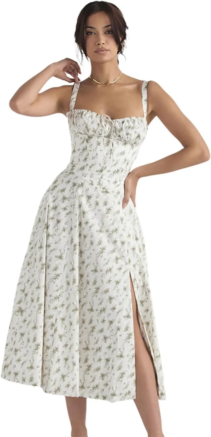 Floral Bustier Midriff Waist Shaper Dress, Print Bustier Sundress Sundresses for Women Slit Long Printed Dress