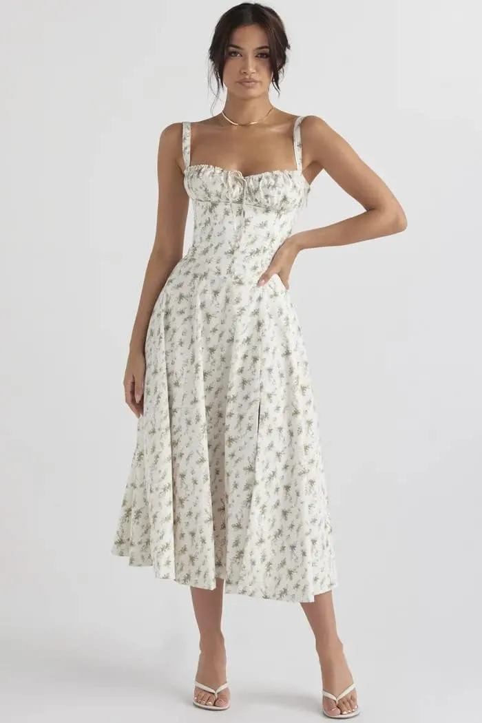 Floral Bustier Midriff Waist Shaper Dress, Print Bustier Sundress Sundresses for Women Slit Long Printed Dress
