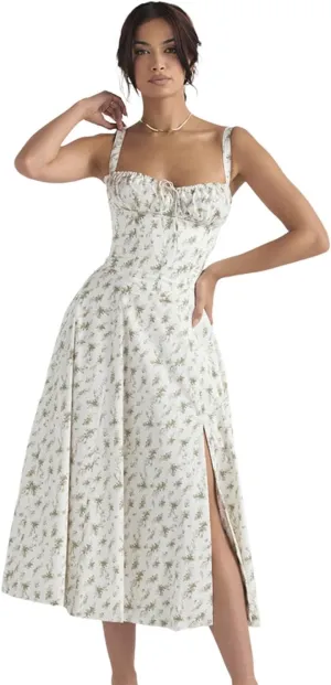 Floral Bustier Midriff Waist Shaper Dress, Print Bustier Sundress Sundresses for Women Slit Long Printed Dress