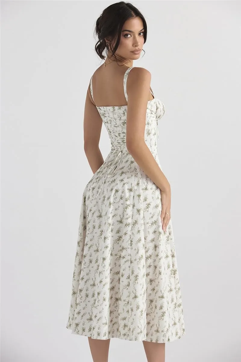 Floral Bustier Midriff Waist Shaper Dress, Print Bustier Sundress Sundresses for Women Slit Long Printed Dress