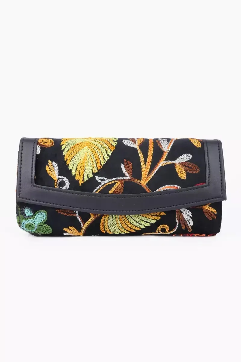 Floral Embroidered Elegance Clutch for Women - Black