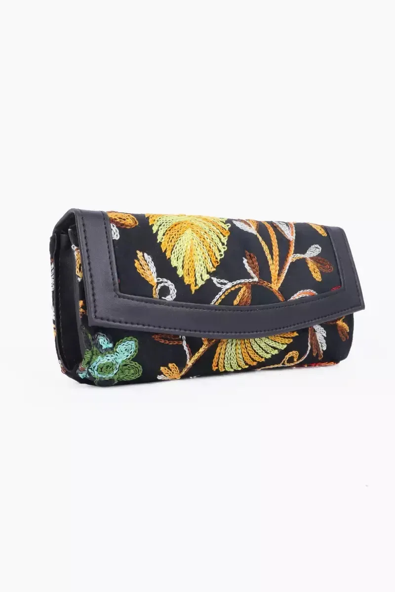 Floral Embroidered Elegance Clutch for Women - Black