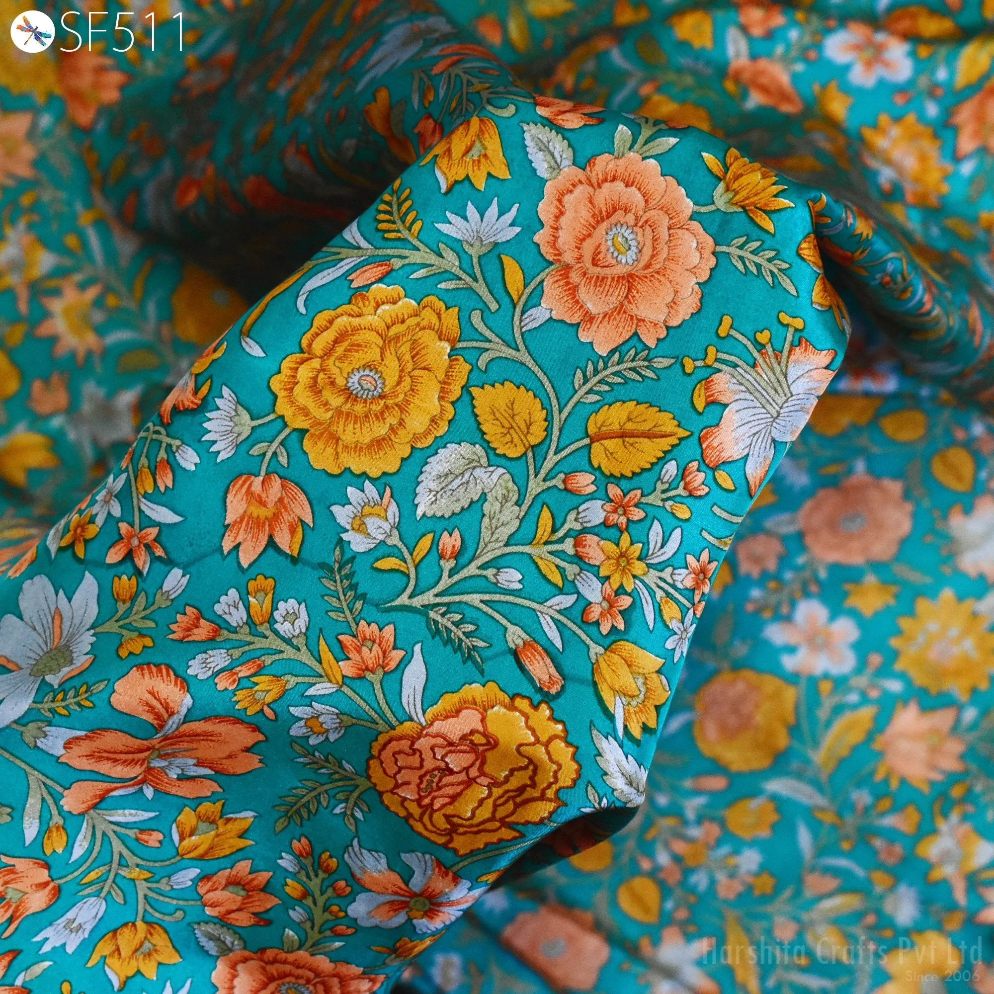 Floral Habotai Silk Soft Pure Flowy Printed Silk Indian Fabric by the yard Saree Fabric Wedding Dresses Bridesmaid Costumes Sewing Scarf